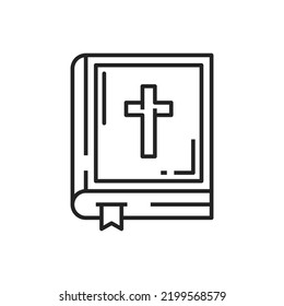 Holy bible isolated outline icon. Vector sacred text or scriptures, closed christian book line art. Vector biblical inscription, gutenberg Bible with cross. Product of divine inspiration, psalm book