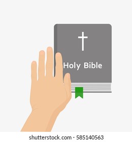Holy Bible with man's hand above it. Isolated on white background. Flat vector stock illustration