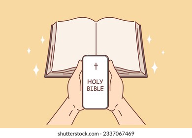 Bíblica sagrada al teléfono de una persona religiosa y casi libro que simboliza aplicaciones digitales para cristianos y católicos. Manos rezando con la bíblica sagrada en línea para leer oraciones y mandamientos de aprendizaje