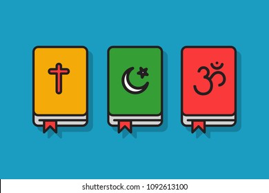 Holy Bible Quran and Bhagavad Gita Book Illustrations in Flat Style Design 