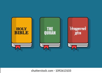 Holy Bible Quran And Bhagavad Gita Book Illustrations In Flat Style Design 