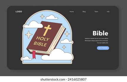 Holy Bible vector illustration. An open book with a cross, signifying the central religious text in Christianity, against a sky with clouds and stars. Flat vector illustration