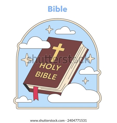 Holy Bible vector illustration. An open book with a cross, signifying the central religious text in Christianity, against a sky with clouds and stars. Flat vector illustration
