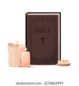 La cera de la Biblia sagrada llama a un viejo conjunto de pisos cristianos. Libro de madera oscura tapa cerrada cera derretida aguanta velas calientes quemar cena de Pascua plegaria fe dios jesus icono vintage aislado