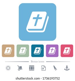 Holy bible white flat icons on color rounded square backgrounds. 6 bonus icons included