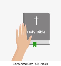 Holy Bible with woman's hand above it. Isolated on white background. Flat vector stock illustration