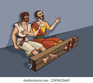 Holy bless saint god Jesus jew torn dress cloth sit roman law pain foot pillory stock wooden bar bind ban cell scene. Hand draw dark black beaten male Jewish human age catholic retro vector art sketch
