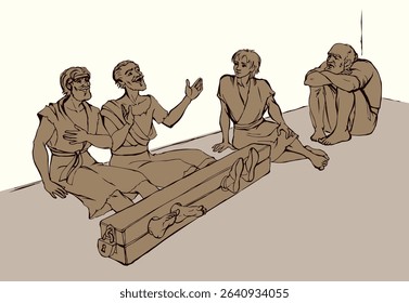 Holy bless saint god Jesus jew torn dress cloth sit roman law pain foot pillory stock wooden bar bind ban cell scene. Hand draw dark black beaten male Jewish human age catholic retro vector art sketch