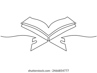 holy book al quran with board in one single continuous line drawing style isolated on white background. Ramadan kareem concept vector illustration.