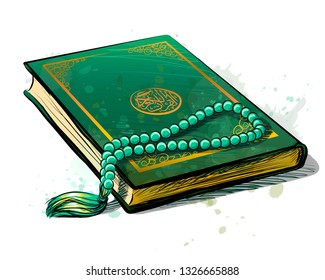 The holy book of the Koran is green with a rosary. Vector sketch drawn image with watercolor splashes on white background