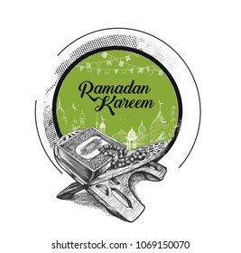 The holy book of the Koran on the stand with calligraphy stylish lettering Ramadan Kareem text, Hand Drawn Sketch Vector illustration.