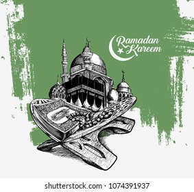 The holy book of the Koran on the stand, Hand Drawn Sketch Vector illustration.