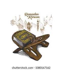 The holy book of the Koran on the stand, Hand Drawn Sketch Vector illustration.