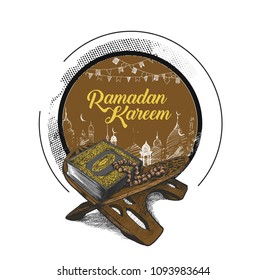 The holy book of the Koran on the stand with calligraphy stylish lettering Ramadan Kareem text  , Hand Drawn Sketch Vector illustration.