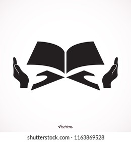 The holy book of the Koran on the stand. Hands holding a Muslim book. Vector icon. 