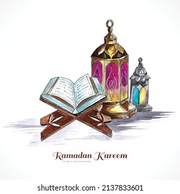 	Libro sagrado del Corán en el estrado con lámparas árabes de fondo de tarjeta ramadan kareem