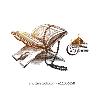 The holy book of the Koran on the stand, Hand Drawn Sketch Vector illustration.