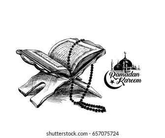 The holy book of the Koran on the stand, Hand Drawn Sketch Vector illustration.