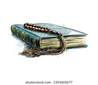 Holy book of Koran with rosary, hand drawn sketch vector illustration