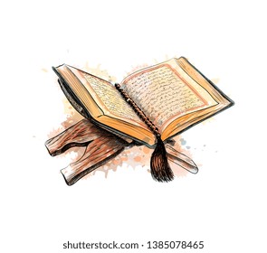 Holy book of Koran with rosary from splash of watercolors. Muslim holiday, Eid Mubarak, Eid al-fitr, Ramadan Kareem. Hand drawn sketch. Vector illustration of paints