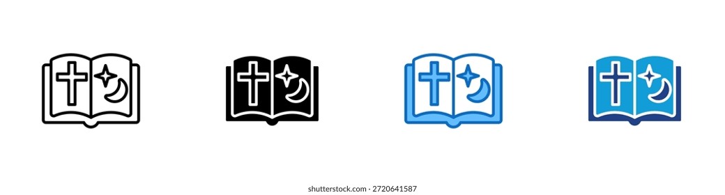 Vector de diseño de íconos de estilo múltiple de libro sagrado: libro religioso abierto que muestra una cruz y una luna creciente, que simboliza la fe y la espiritualidad