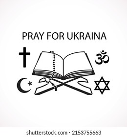 
El libro sagrado de los en el estrado,   rosario.  Recen por Ucrania con símbolos islámicos, cristianos, judíos e hindúes. Apoyo del pueblo de Ucrania. Basta de guerra.  