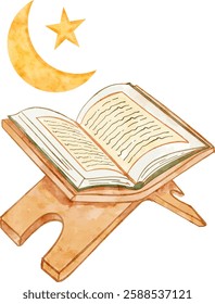 Holy book of Quran with moon and star. Watercolor vector illustration fit for muslim holiday, ramadan and eid al fitr project