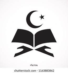 The holy book of the Quran on the stand with moon and star. Vector illustration. Islam symbol. Moon and star icon isolated on white background.