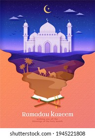 The holy book of Quran on a stand reflects mosque at sand dunes under a illuminating crescent on a starry night. Papercut style greeting poster for Islamic holiday