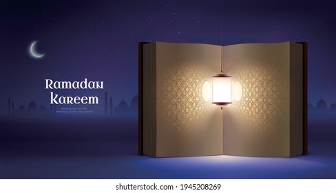 The holy book of Quran opened to the page of arabesque pattern with a shinning fanous lantern hanging from above. Illustration on purple starry night background