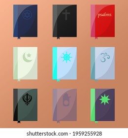 Holy Books Vector Set, Judaism, Christian, Catholic, Psalms, Holy Quran, Tripitaka, Buddha, Hinduism, wedha, jainism, baha'i, sikhism collection design