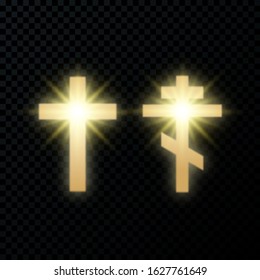Holy Catholic and Orthodox Cross.A glowing golden symbol of faith.A set of design features on an isolated black background. Vector illustration.