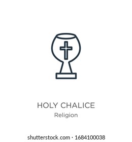 Holy chalice icon. Thin linear holy chalice outline icon isolated on white background from religion collection. Line vector sign, symbol for web and mobile