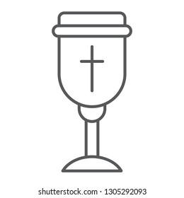 Holy chalice thin line icon, christian and cup, goblet sign, vector graphics, a linear pattern on a white background, eps 10.