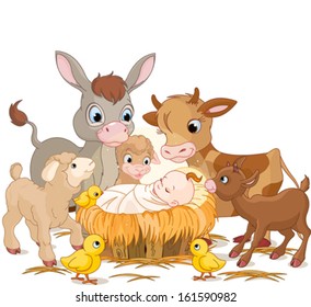 Holy child with donkey, lambs, goat and calf