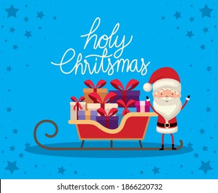 holy christmas lettering with gift boxes of different colors and a red bow on a sleigh vector illustration design