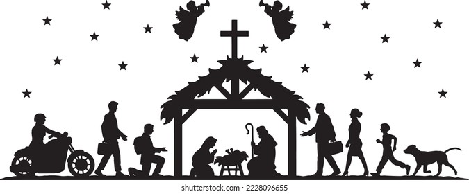 heilige Weihnachtsszene. Sammlung von Silhouetten modernen Menschen christliche Figuren heilige Nacht. Familienurlaub. Vektorgrafik. Baby Jesus Geburtstag. Motorrad Mann. Geschäftsmann.