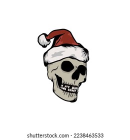 Holy Christmas Skull wear santa hat vintage vector art illustration.