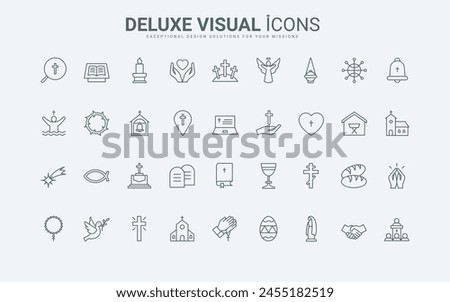 Holy church and Bible reading, religious prayer and community, worship in cathedral and christianity thin black and red outline symbols, vector illustration. Christian religion line icons set