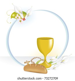 Holy communion, bread, wine and  rosary