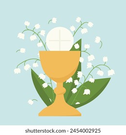 holy communion chalice and ily of the valley flowers; design element for first holy communion invitations and greeting cards - vector illustration