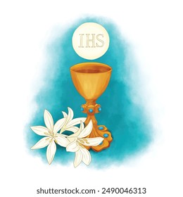 Holy communion chalice and lily flowers