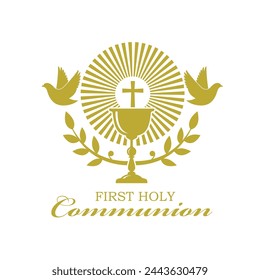 holy communion gold icon with chalice and doves isolated on white background