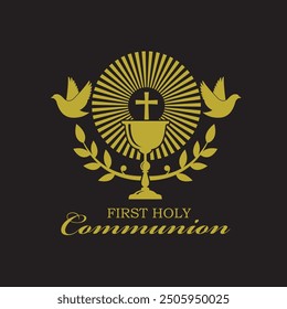 holy communion gold icon with chalice and doves on black background