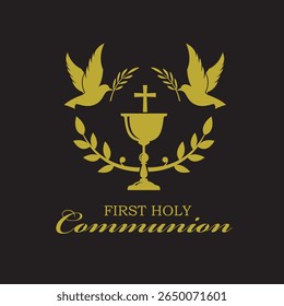 holy communion gold icon with chalice and doves isolated on black background