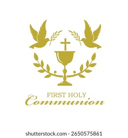 holy communion gold icon with chalice and doves isolated on white background