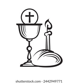 holy communion icon with chalice, candle and bread isolated on white background