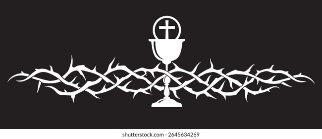 holy communion icon with chalice and thorn crown isolated on black background