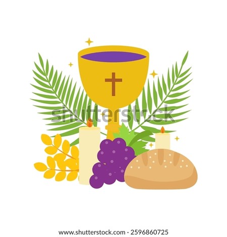 Holy Communion Symbols with Chalice, Bread, Grapes, Candles, Palm Leaves, and Golden Wheat