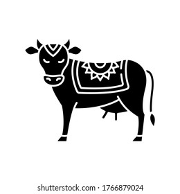 Holy cow black glyph icon. Sacred animal. Religious symbol of India. Indian culture. Symbol of earth. Agriculture, dairy industry. Silhouette symbol on white space. Vector isolated illustration